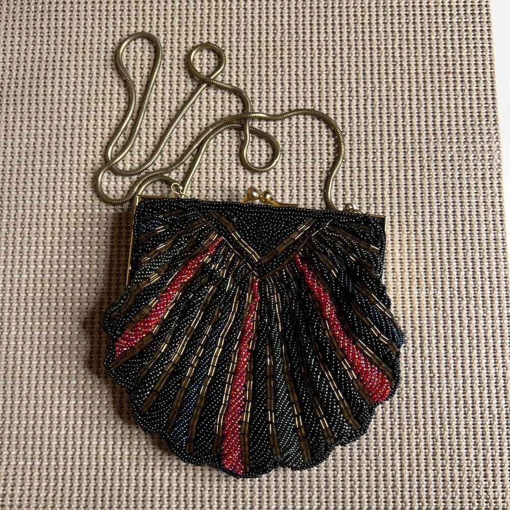 Vintage Black Beaded Evening Purse Brass Frame Snake Chain Art Deco Style Bag